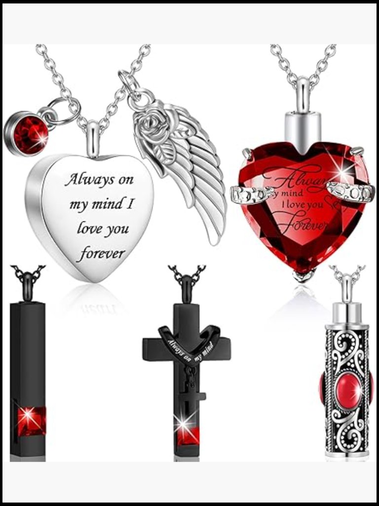 5 Cremation Urn Memorial Necklace Set Heart Cross Stainless Steel Keepsake Ashes